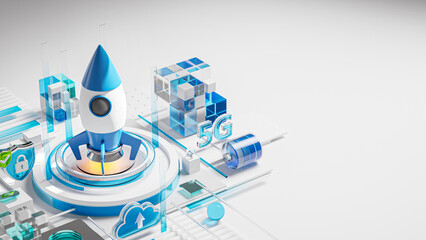 Rocket Ship Startup Launch Technology Icon Glass Blue Banner Copyspace 3D Render © natanaelginting