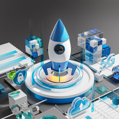 Rocket Ship Startup Launch Technology Icon Glass Blue 3D Render © natanaelginting