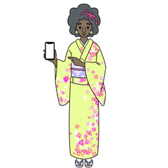 笑顔でスマホを操作する着物を着た黒人女性　インバウンドやお祭りのイラスト　マスクなし