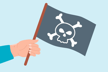 Hand holding pirate flag with crossbones and skull on stick. Person with old riot and horror symbol flat vector illustration. Piracy, game concept for banner, website design or landing web page