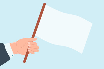 White flag in hands flat vector illustration. Person waving white flag on blue background as sign of peace, surrender or freedom. Love, frustration, challenge, announcement concept