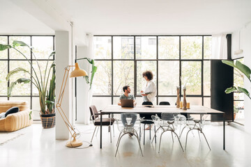 Young multiracial couple working from home. Having conversation. Spacious bright loft apartment....