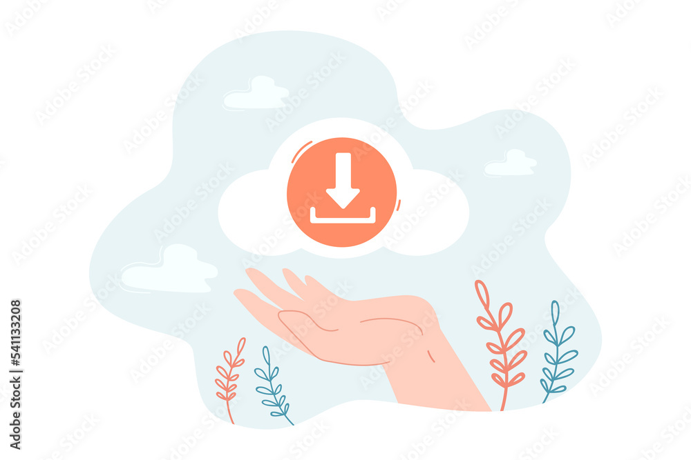 Aufkleber hand holding upload down arrow sign. person connecting to cloud data center to download and backup f