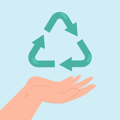 Hand holding triangle green recycle sign with arrow circulation. Person saving environment flat vector illustration. Eco friendly product concept for banner, website design or landing web page