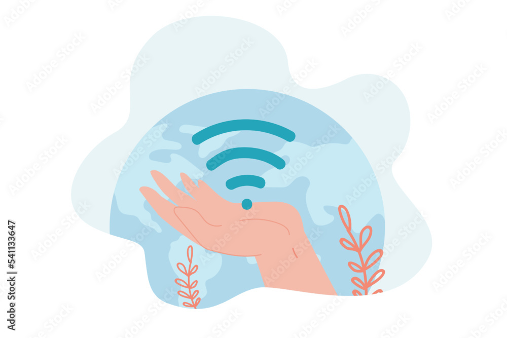 Aufkleber hand holding wifi symbol near earth globe. person using available signal of wireless connection flat