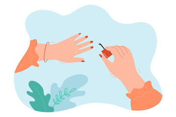 Female hands painting nails flat vector illustration. Woman taking care of herself, doing beauty procedures at home. Cosmetology, femininity, hygiene, treatment concept
