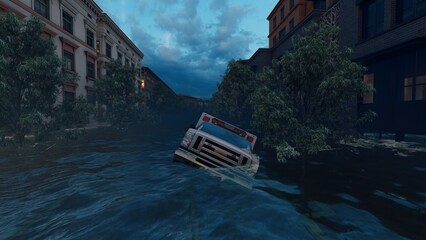 town sink underwater 3d render