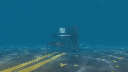 black piano underwater 3d render