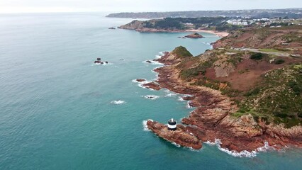 Beautiful nature Aerial drone footage view of  coastal cliffs and beaches on Jersey Island (Channel Islands, UK)