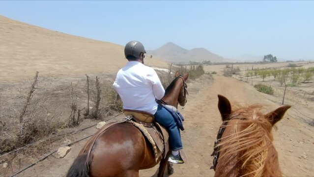 Two equestrian horse riders passing deserted farmland, Rider POV