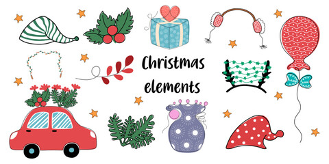 Christmas elements designed in doodle style for Christmas themed decorations, cards, scrapbooks, digital prints, bag designs, fabric patterns and more. 