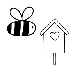 Honey bee and birdhouse for coloring page. Cute simple vector illustration isolated on white. Black and white outline image