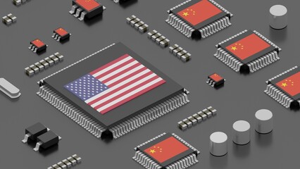CHIPS Act concept 3d illustration. US export controls. Chinese chip industry restriction concept - obrazy, fototapety, plakaty