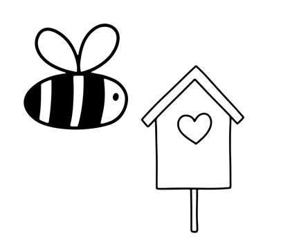 Honey bee and birdhouse for coloring page. Cute simple vector illustration isolated on white. Black and white outline image