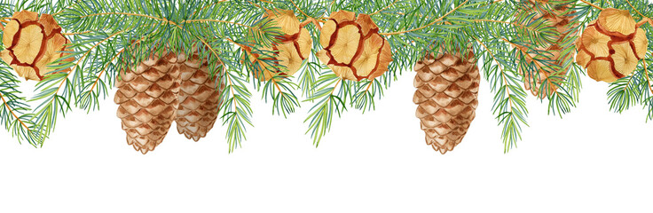 Coniferous christmas tree branches with cones watercolor seamless border. Hand drawn illustration in eco scandinavian style. Endless banner for postcards and invitations.