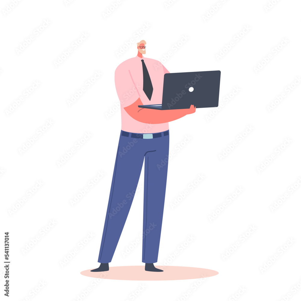 Poster male character with laptop in hands isolated on white background. freelancer, programmer, coder or a
