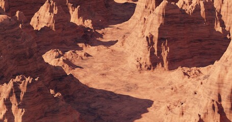 3d render of imaginary mars planet terrain, Mars planet landscape, orange eroded desert with mountains and sun, realistic science fiction illustration.