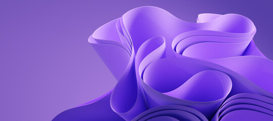 3d abstract layered background. Flower shape. Violet wavy textile for modern fashion design. Realistic 3d high quality render