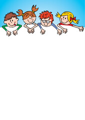 Four smiling children, funny vector illustration, template. Group of girls and boys on blue background, blank white paper for text, creative picture.