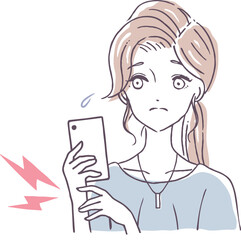 スマホのやりすぎで腕が痛い女性　腱鞘炎になった女の人　スマートフォンが重い　人物イラスト素材