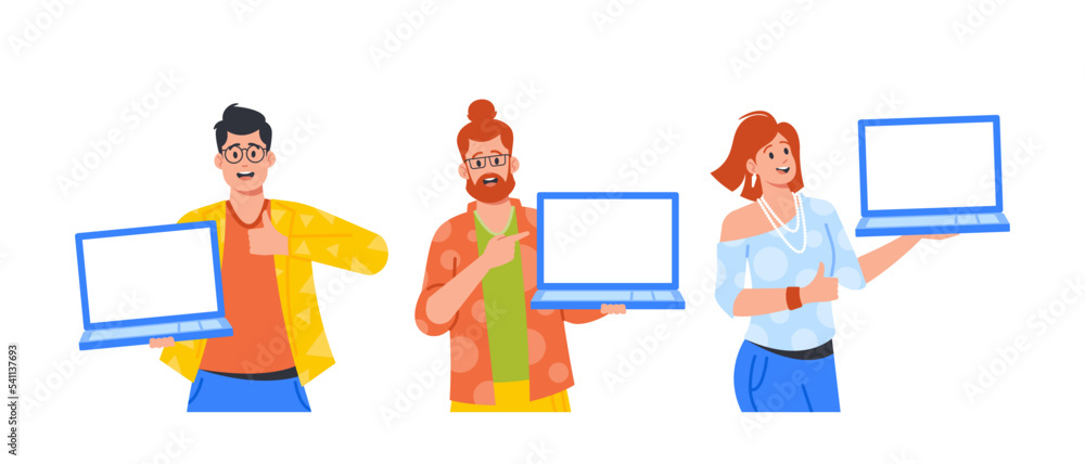 Poster people point on empty screen of laptops and show satisfied gestures. male and female characters hold