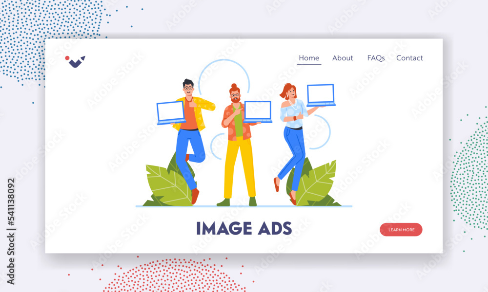 Poster image ads landing page template. positive promoters point on empty screen of laptops with place of a