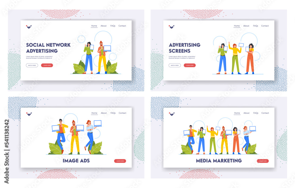 Poster ads presentation landing page template set. people point on empty screen of laptops and show satisfi