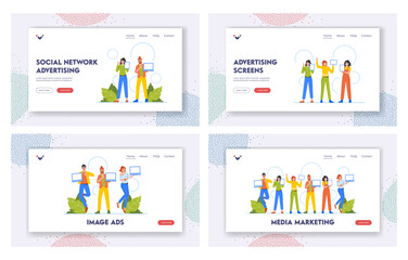 Obraz na płótnie Canvas Ads Presentation Landing Page Template Set. People Point On Empty Screen Of Laptops and Show Satisfied Gestures