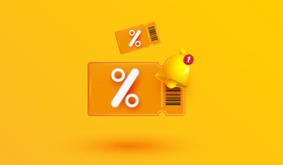 discount coupon or voucher gift with notification number alarm symbol on yellow background. lucky ticket and percent sign. Sale bonus points benefit special offer 3d vector illustration style.