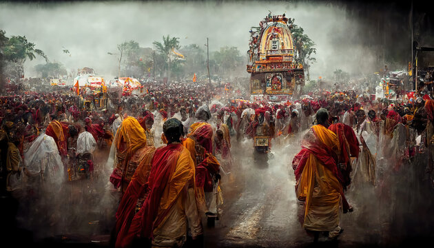 AI generated image of the annual grand Rath yatra or car festival of Lord Jagannath at Puri, Orissa, India 