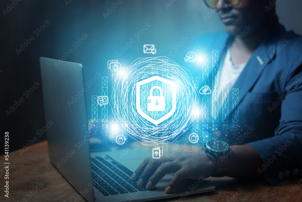 Poster cybersecurity concept business man shows how to protect cyber technology network from attack by hack
