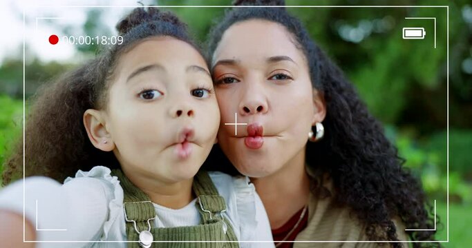 Selfie, video and mother with child in park doing silly faces and funny expressions on recording frame. Family vlog, love and mom bonding with girl in nature, having fun and vlogging outdoor together