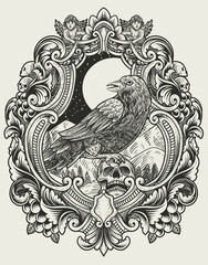 Fototapeta premium illustration vintage scary crow with engraving style