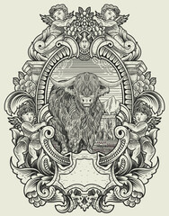 illustration vintage bull with engraving style