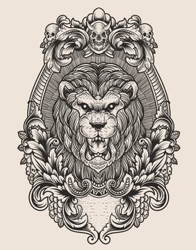 illustration vintage lion with engraving style