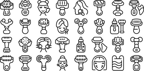 Facial roller icons set outline vector. Care cosmetic. Skin sha