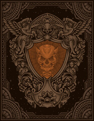 illustration demon skull with engraving ornament style
