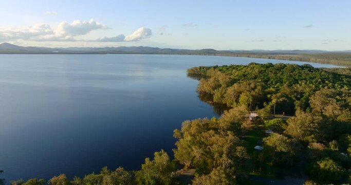 Aerial view of Myall Lakes National Park druing late afternoon hours