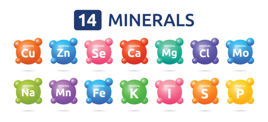 Essential chemical minerals and microelements symbol set. 14 Minerals concepts.