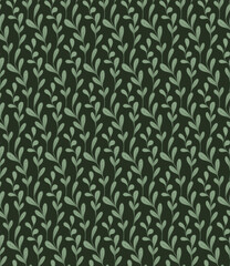 Vector pattern with cartoon intertwined branches with foliage on dark green background. Botanical texture with doodle hand drawn leaves and stems