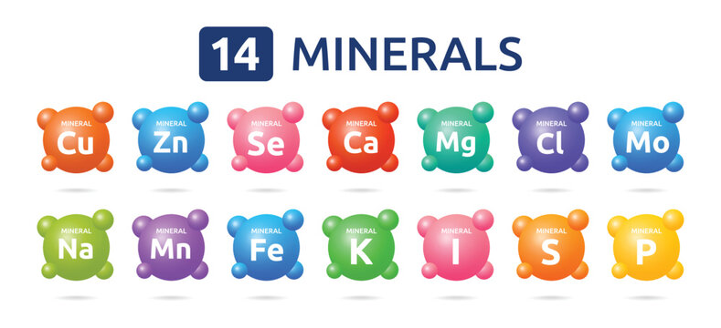 Essential chemical minerals and microelements symbol set. 14 Minerals concepts.
