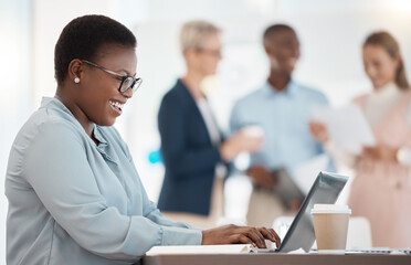 Laptop, office business and black woman typing, writing email or web surfing. Employee, computer and happy female working on research, marketing data or planning at work in company office with smile.
