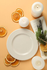 Concept of Happy New Year, Christmas table setting, top view