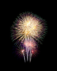 Beautiful fireworks display isolated on black background for celebration and anniversary..