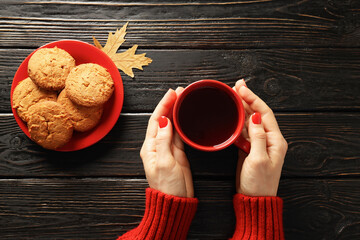 Concept of Hygge, warm and cozy composition, top view