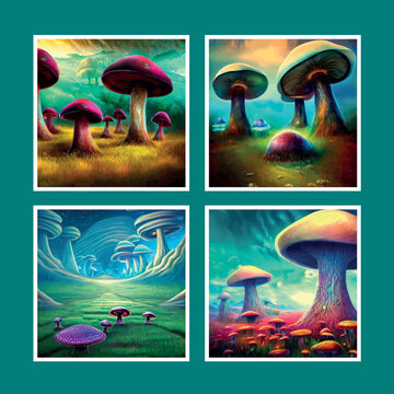 Set Of Surreal Mushroom Landscape, Fantasy Wonderland Landscape With Mushrooms Moon. Vector Illustration. Dreamy Fantasy Mushrooms Magical Forest. Illustration Book Cover. Amazing Nature Landscape