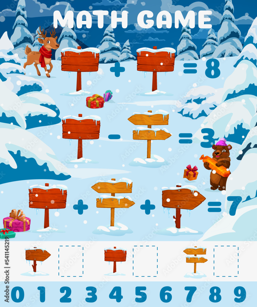 Poster christmas forest, wooden signs, cartoon deer and bear characters math game worksheet. vector puzzle 