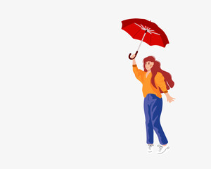 A happy red-haired woman is spinning or dancing under an umbrella. copy space. Dealing with sadness, stress and depression. Flat vector illustration.