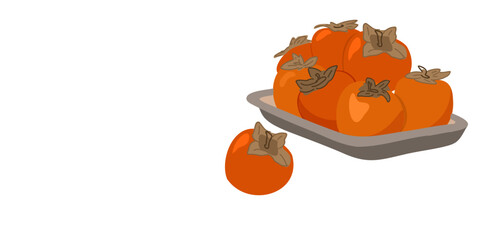 Set of fresh ripe persimmon in tray isolated on white background. copy space. Flat vector illustration.