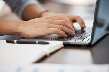 Typing, hands and man doing work on laptop in office with notebook on desk. Technology, internet and businessman with computer writing emails, working on project and type documents on keyboard